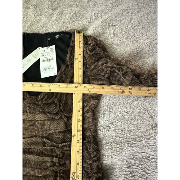 Zara Dress Draped Tulle Mini Long Sleeve in Snakeskin Brown Size S New - Picture 12 of 16